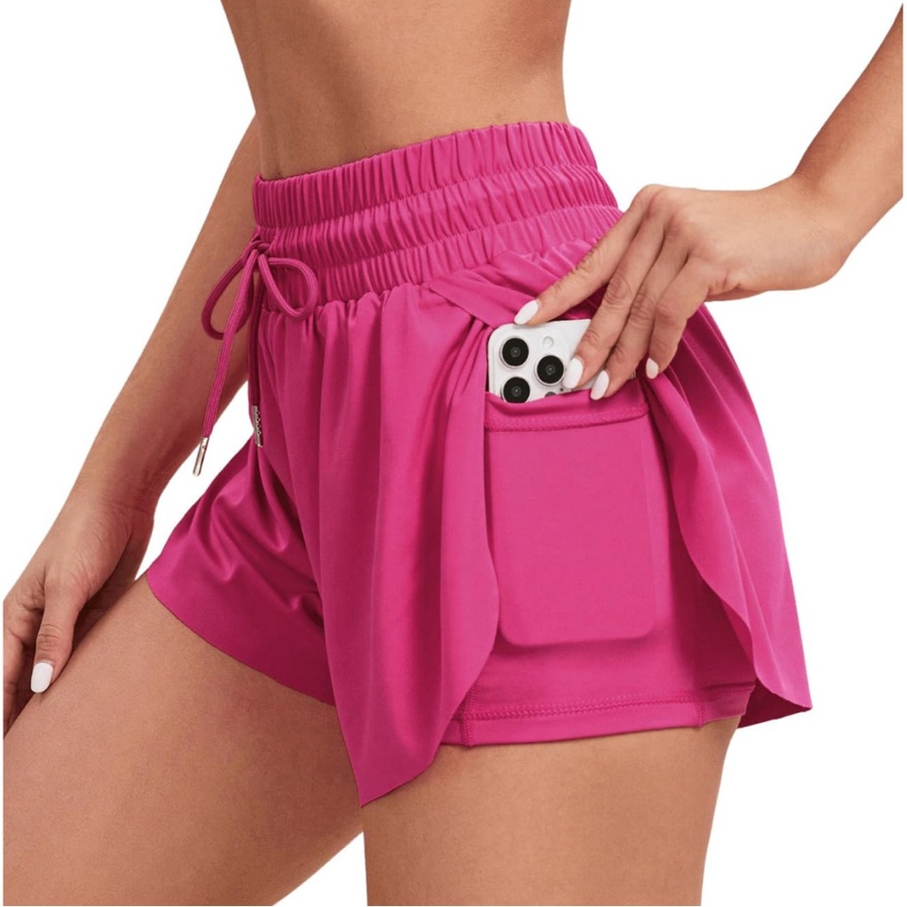 Shein Hot Pink Double Layer Loose Compression Activewear High Waisted Shorts